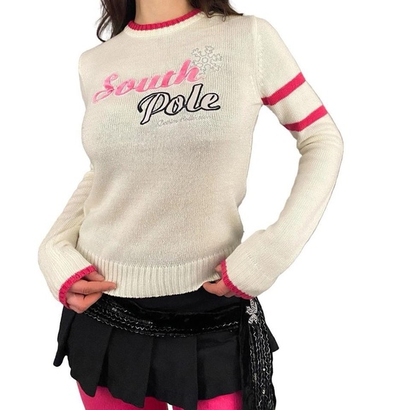 South Pole Sweaters - 2000s South Pole white and pink embroidered Sweater
